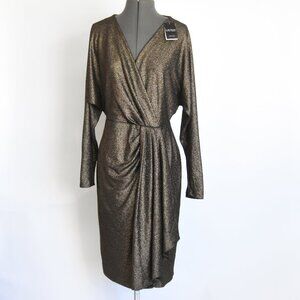 NWT Black Label Lauren Ralph Lauren Metallic Jacquard Faux Wrap Dress Gold Blk 8